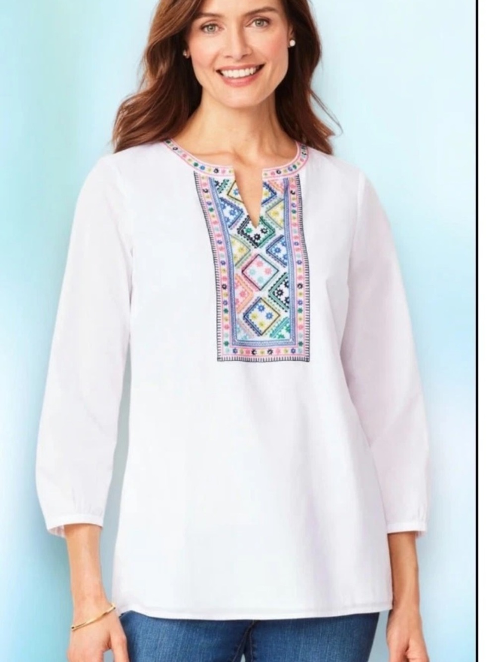 Talbots Embroidered White Tunic Boho Beaded Cotton Peasant Blouse Top | Size XL